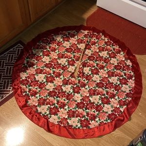 Christmas Large 48” Poinsettia Tree Skirt With Red Ruffled Fabric Edge